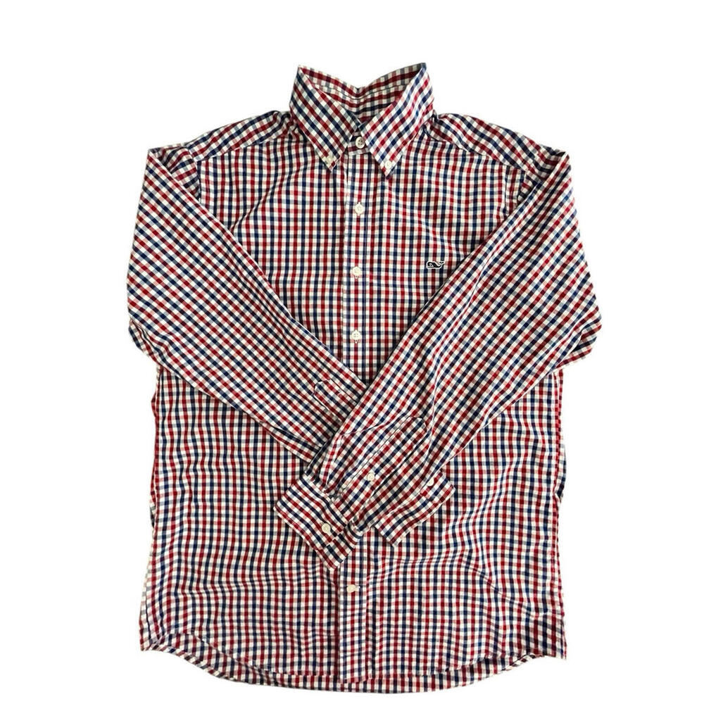 Vineyard Vines Shirt Whale Slim Fit Button Mens Sz Med Red White Blue Check